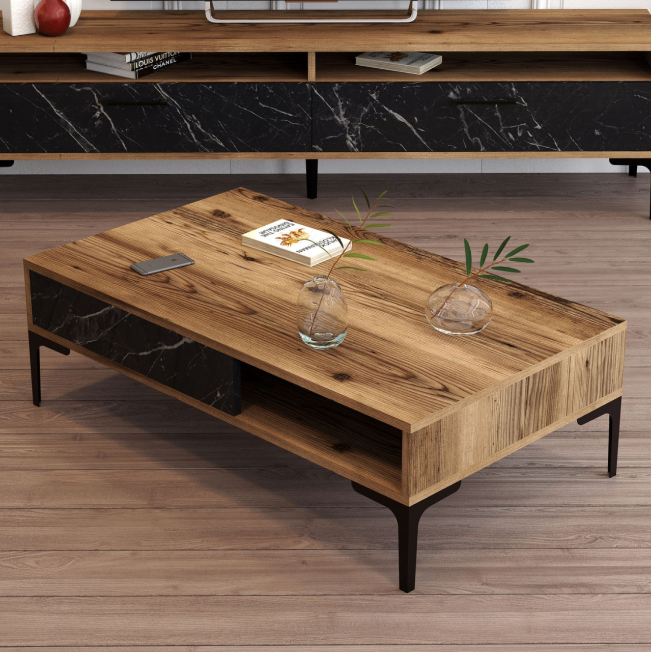 COFFEE TABLE HM9503.04 MELAMINE WALNUT-BLACK MARBLE LOOK and METAL LEGS 105x60x32.6Hcm. [4]