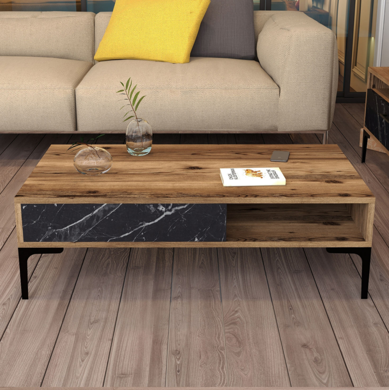 COFFEE TABLE HM9503.04 MELAMINE WALNUT-BLACK MARBLE LOOK and METAL LEGS 105x60x32.6Hcm. [5]