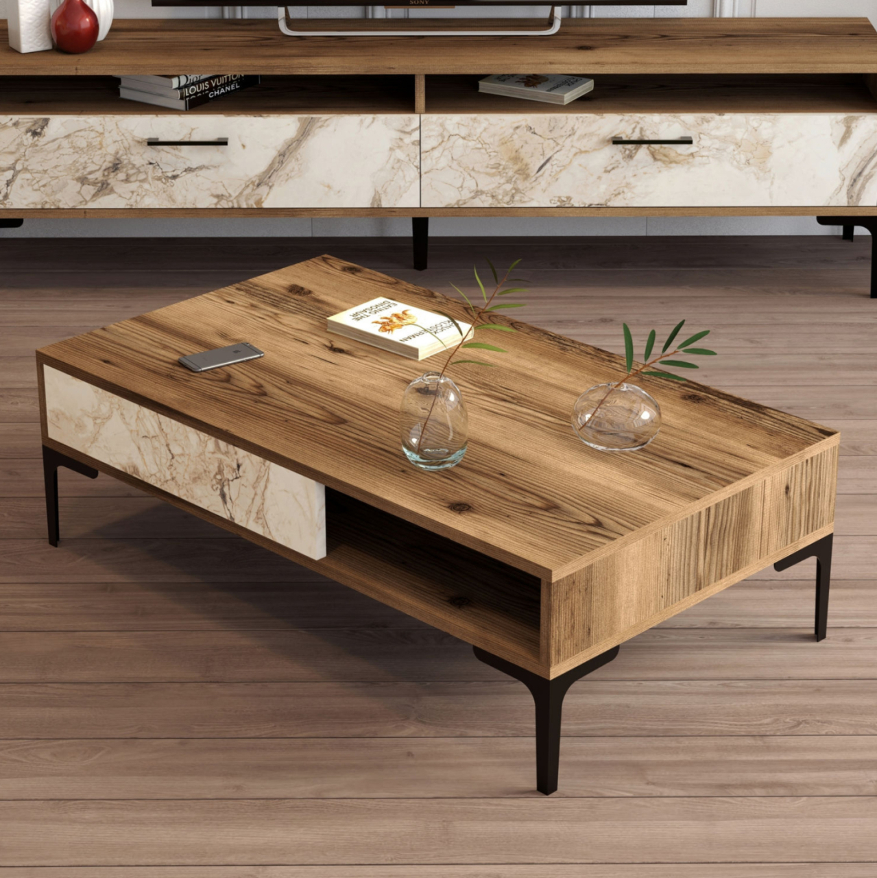 COFFEE TABLE HM9503.05 MELAMINE WALNUT-WHITE MARBLE LOOK and METAL LEGS 105x60x32.6Hcm. [4]