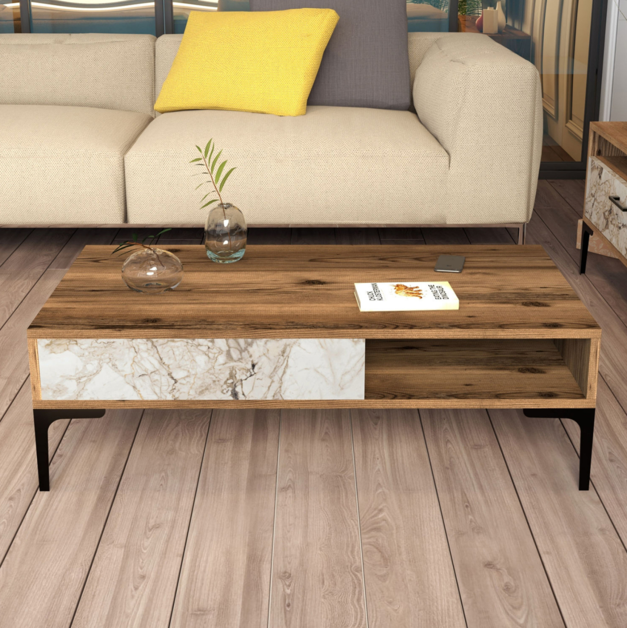 COFFEE TABLE HM9503.05 MELAMINE WALNUT-WHITE MARBLE LOOK and METAL LEGS 105x60x32.6Hcm. [5]