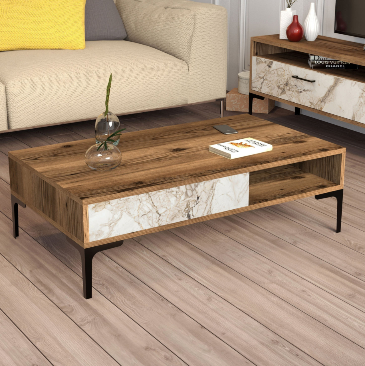 COFFEE TABLE HM9503.05 MELAMINE WALNUT-WHITE MARBLE LOOK and METAL LEGS 105x60x32.6Hcm. [3]