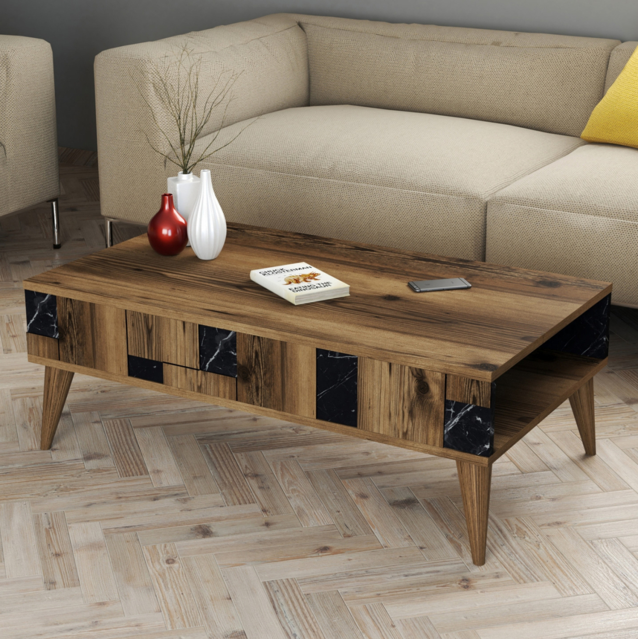 COFFEE TABLE HM9504.02 MELAMINE IN WALNUT-BLACK MARBLE LOOK 105x60x37.6Hcm. [3]