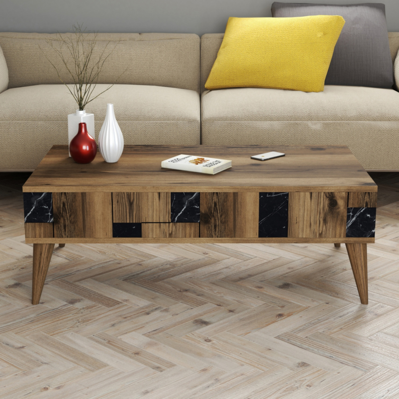 COFFEE TABLE HM9504.02 MELAMINE IN WALNUT-BLACK MARBLE LOOK 105x60x37.6Hcm. [5]
