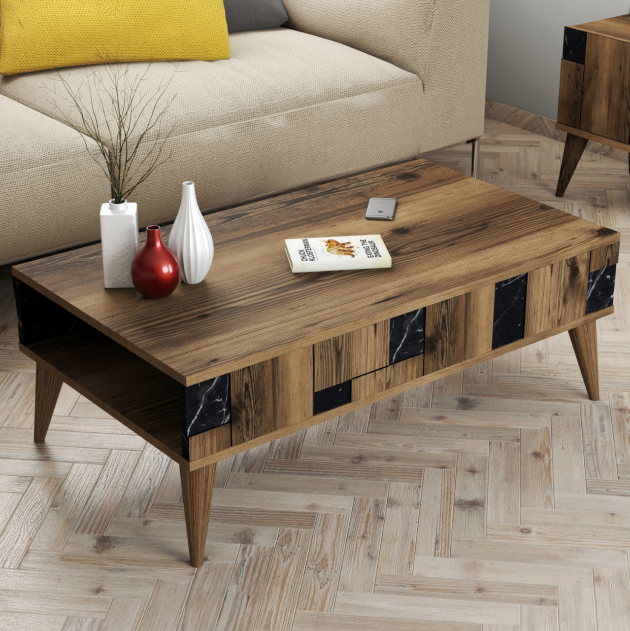 COFFEE TABLE HM9504.02 MELAMINE IN WALNUT-BLACK MARBLE LOOK 105x60x37.6Hcm. [4]