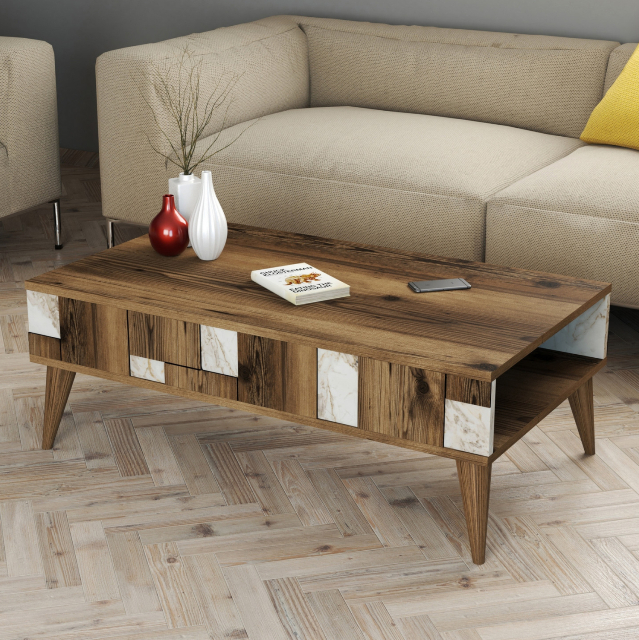 COFFEE TABLE HM9504.03 MELAMINE IN WALNUT-WHITE MARBLE LOOK 105x60x37.6Hcm. [3]