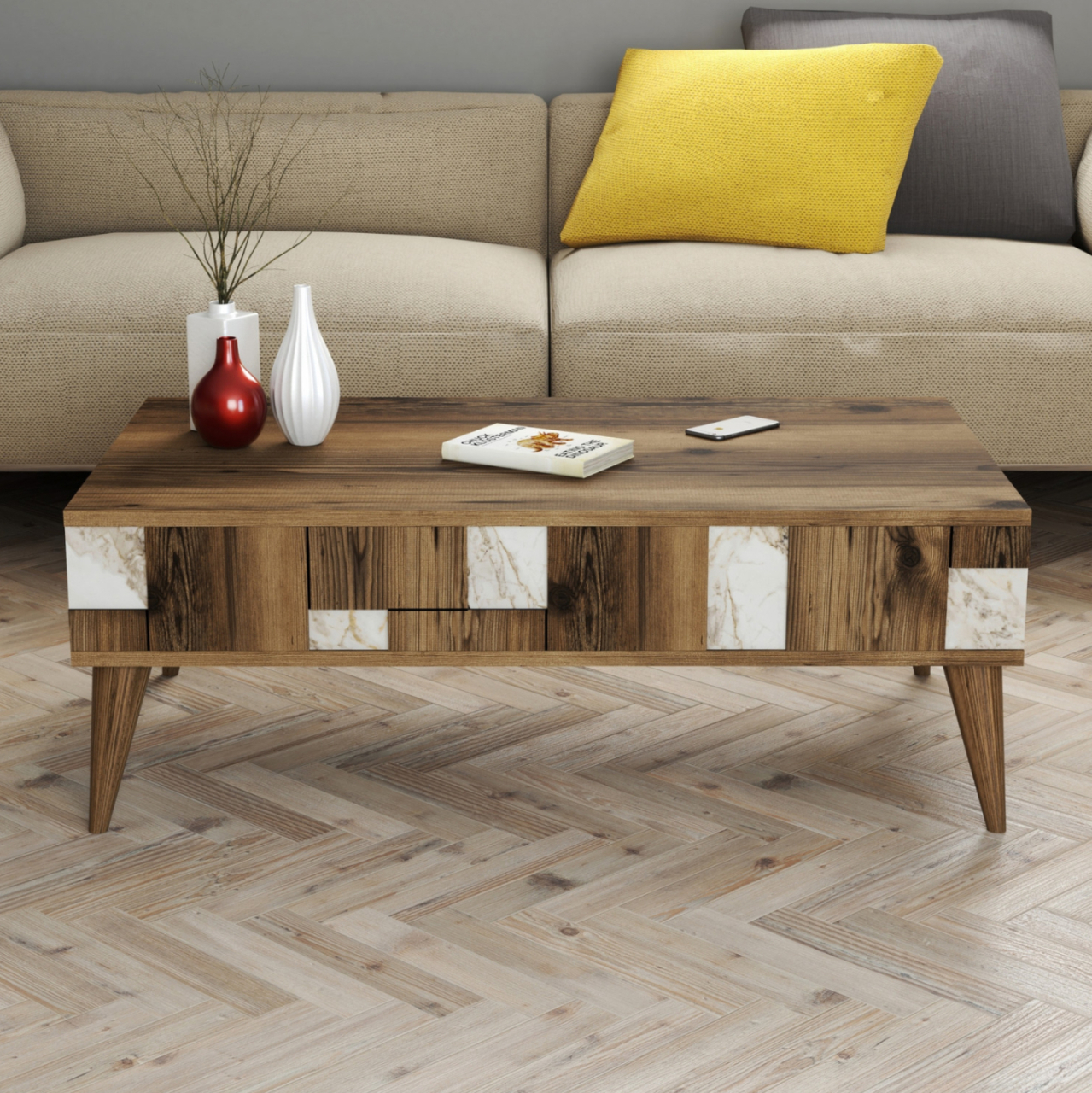COFFEE TABLE HM9504.03 MELAMINE IN WALNUT-WHITE MARBLE LOOK 105x60x37.6Hcm. [5]