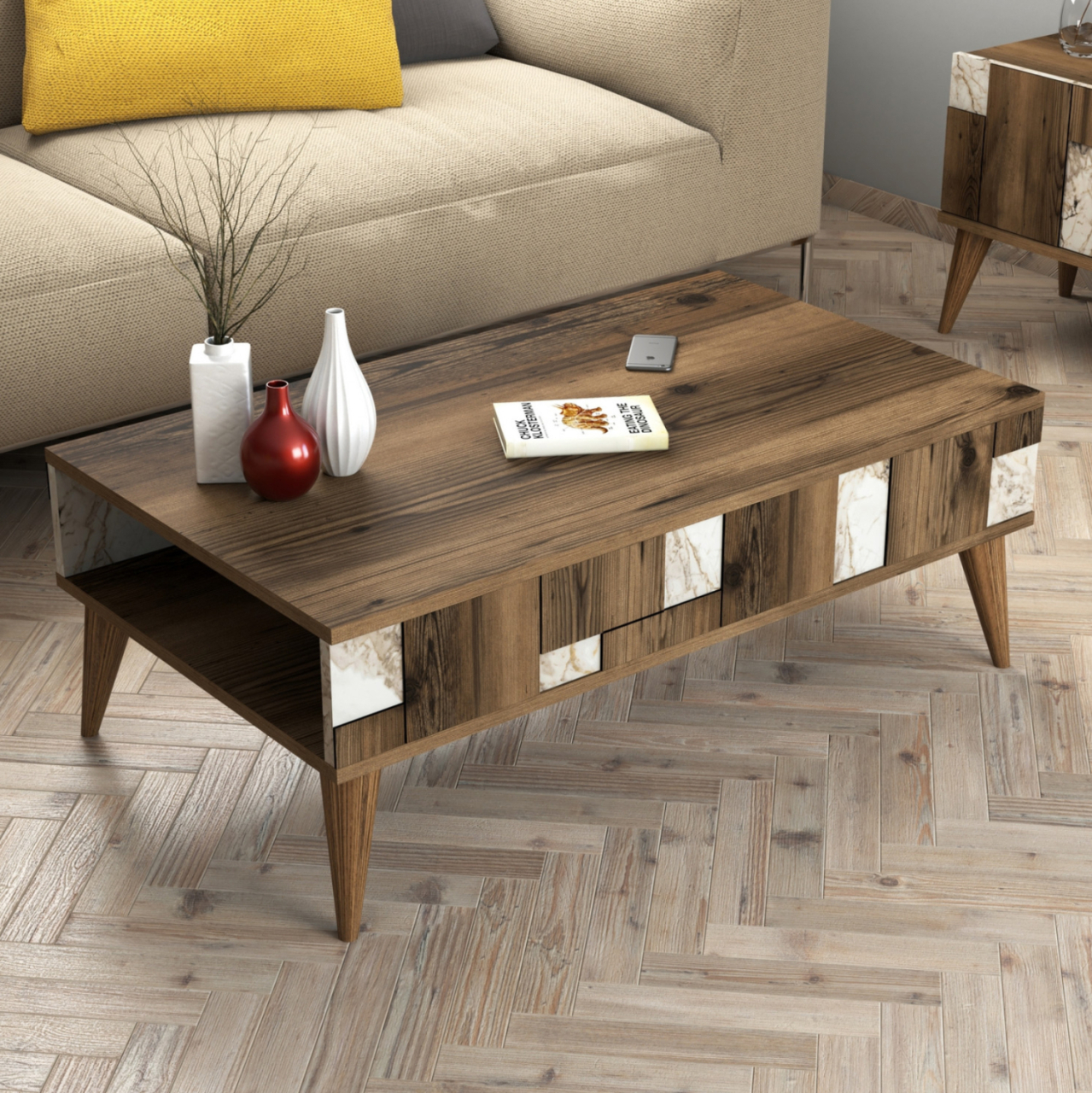 COFFEE TABLE HM9504.03 MELAMINE IN WALNUT-WHITE MARBLE LOOK 105x60x37.6Hcm. [4]