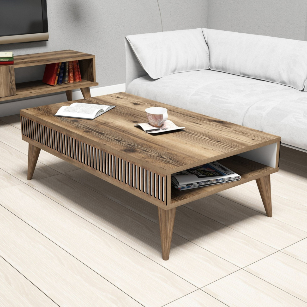 COFFEE TABLE HM9505.01 MELAMINE IN WALNUT COLOR WITH WHITE SIDES 105x60x34.6Hcm. [3]