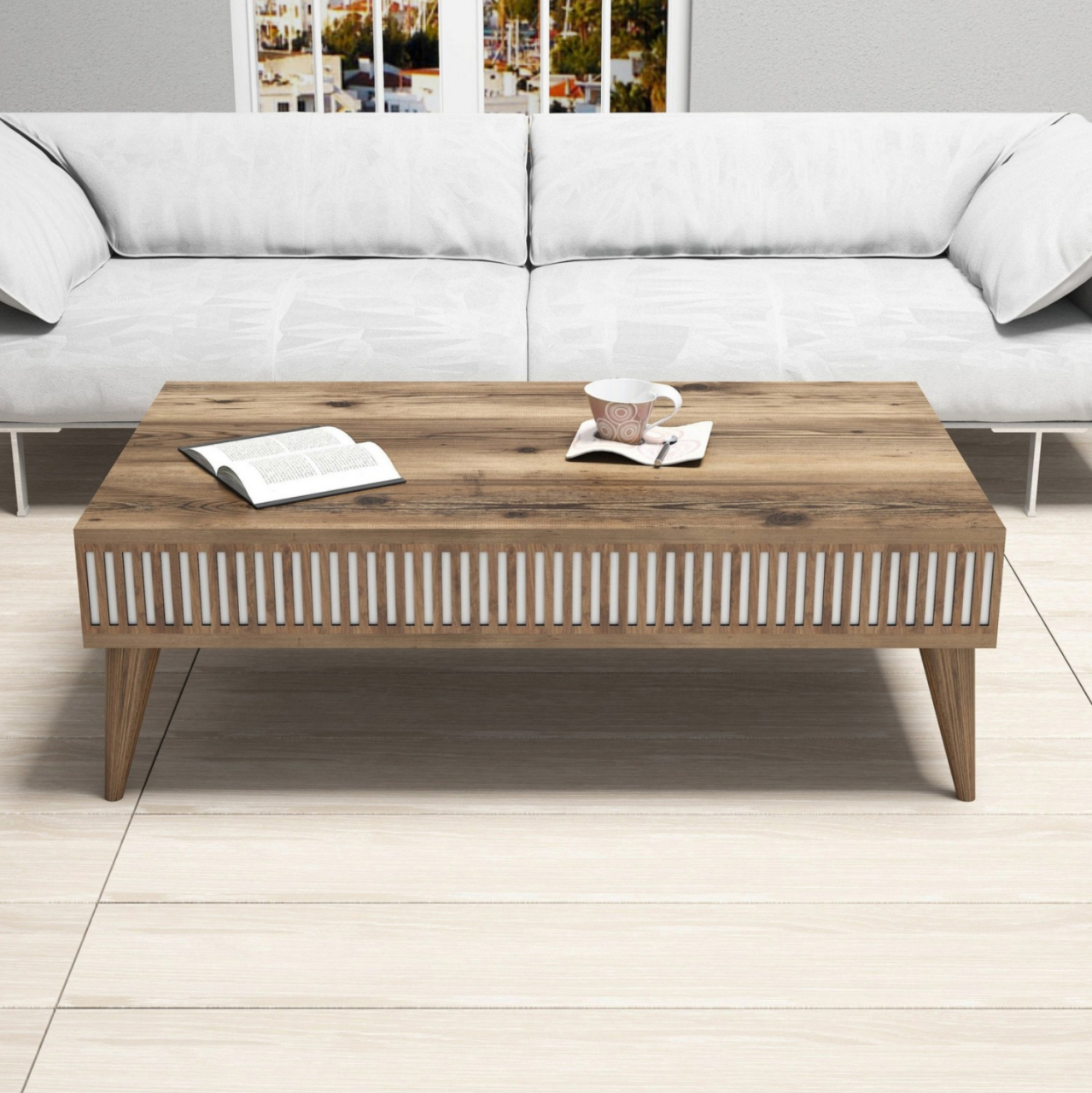 COFFEE TABLE HM9505.01 MELAMINE IN WALNUT COLOR WITH WHITE SIDES 105x60x34.6Hcm. [4]