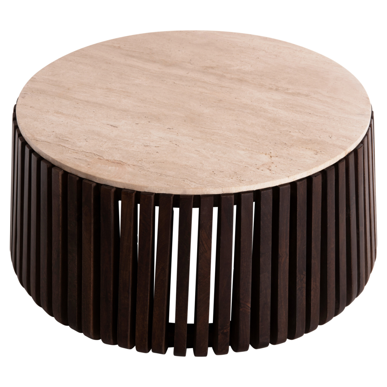 COFFEE TABLE KREST HM9711 ACACIA WOOD IN LIGHT BROWN-WHITE TRAVERTINE Φ90x40Hcm. [3]