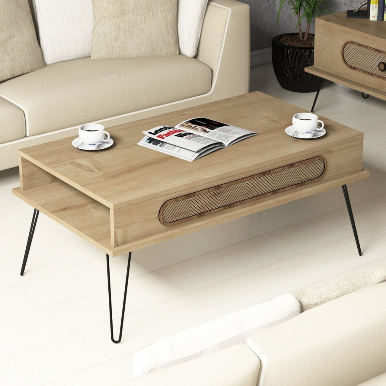 COFFEE TABLE MELAMINE HM9500.01 OAK COLOR-METALLIC LEGS 105x56x45.8Hcm. [3]