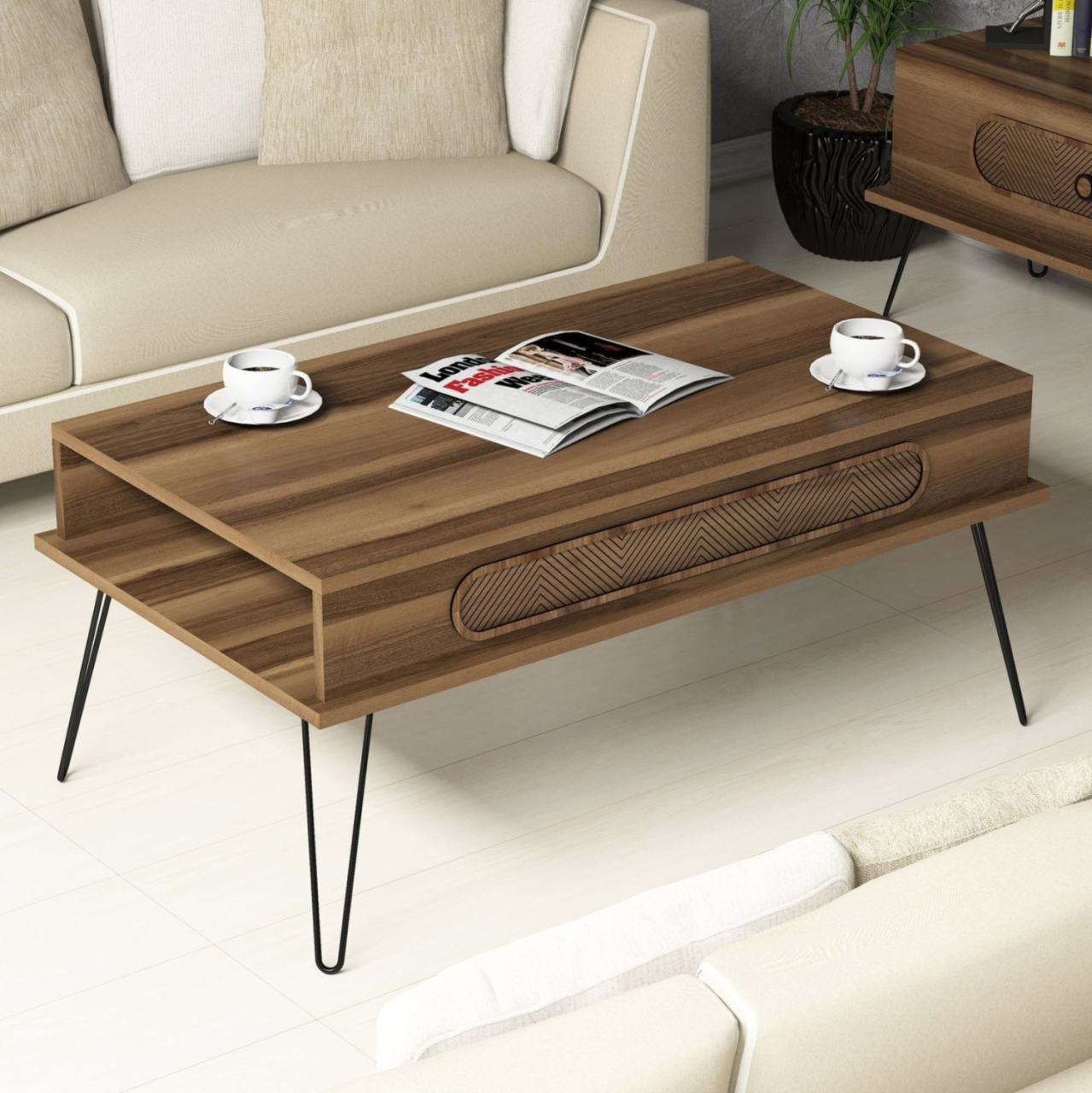 COFFEE TABLE MELAMINE HM9500.02 IN WALNUT COLOR-METALLIC LEGS 105x56x45.8Hcm. [3]
