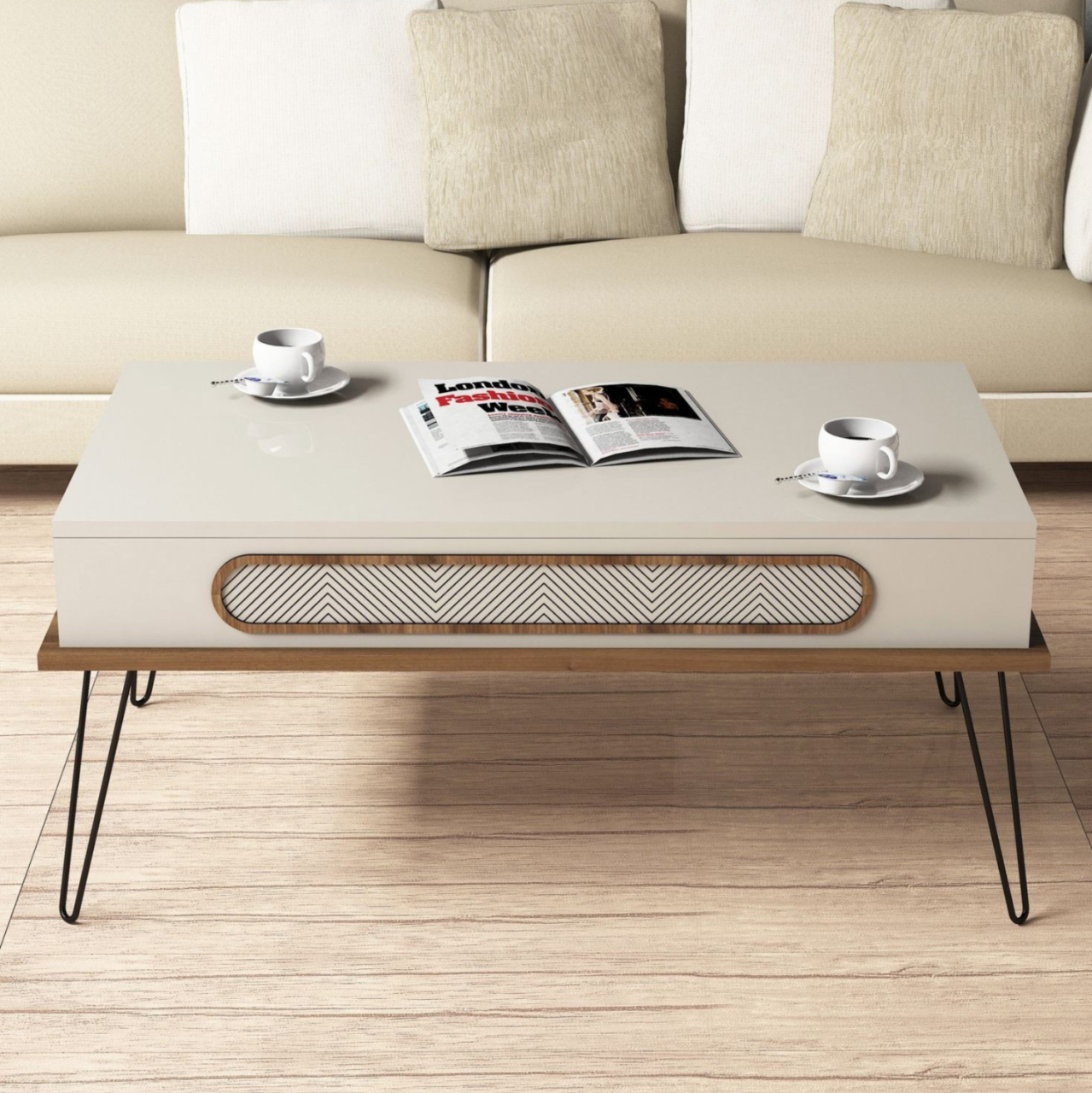 COFFEE TABLE MELAMINE HM9500.03 IN CREAM COLOR-METALLIC LEGS 105x56x45.8Hcm. [4]