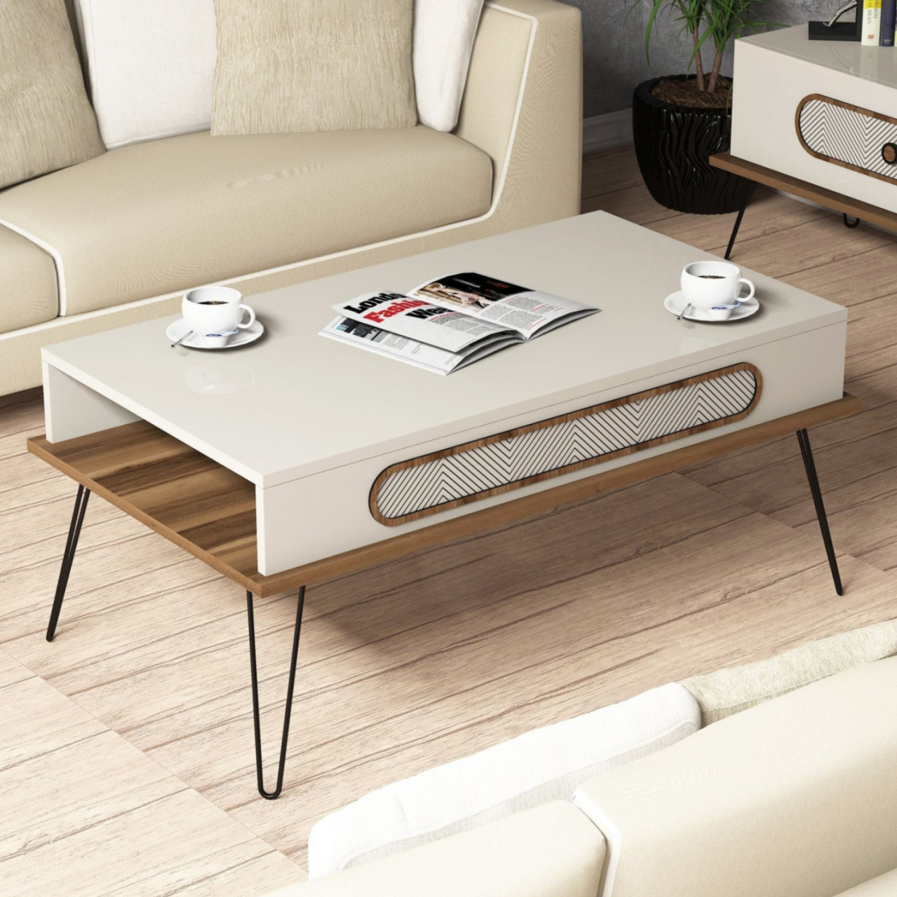 COFFEE TABLE MELAMINE HM9500.03 IN CREAM COLOR-METALLIC LEGS 105x56x45.8Hcm. [3]