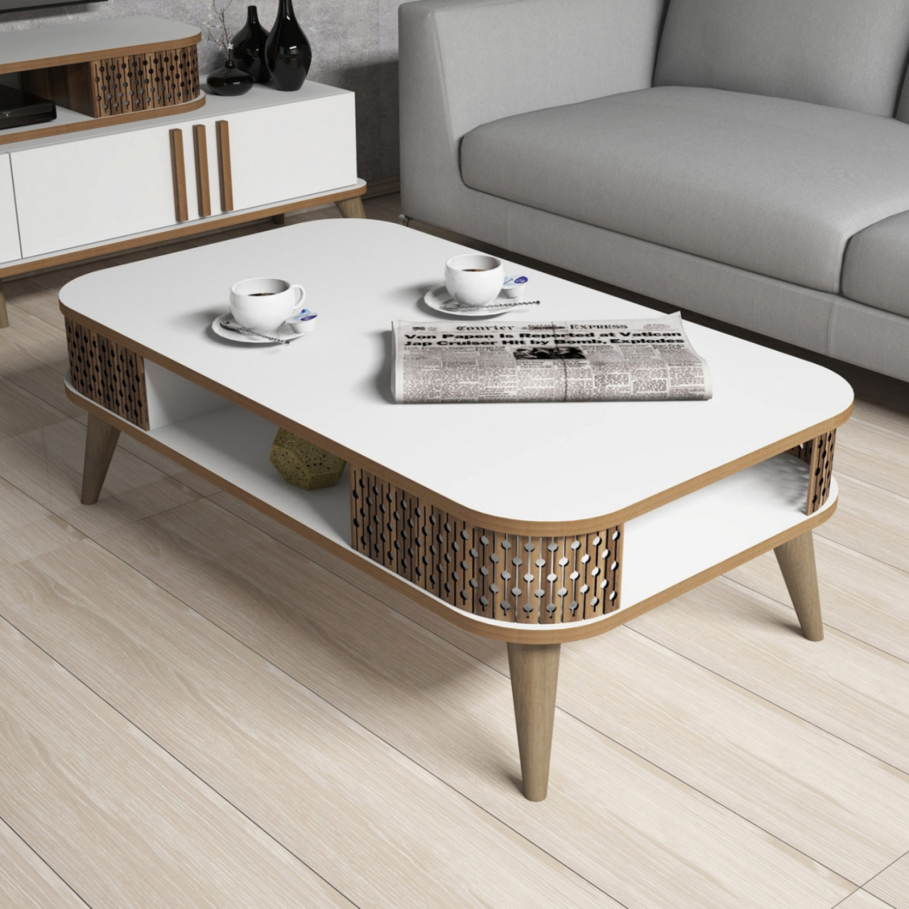 COFFEE TABLE MELAMINE HM9501.03 IN WHITE-WALNUT COLOR 105x60x34.6Hcm. [3]
