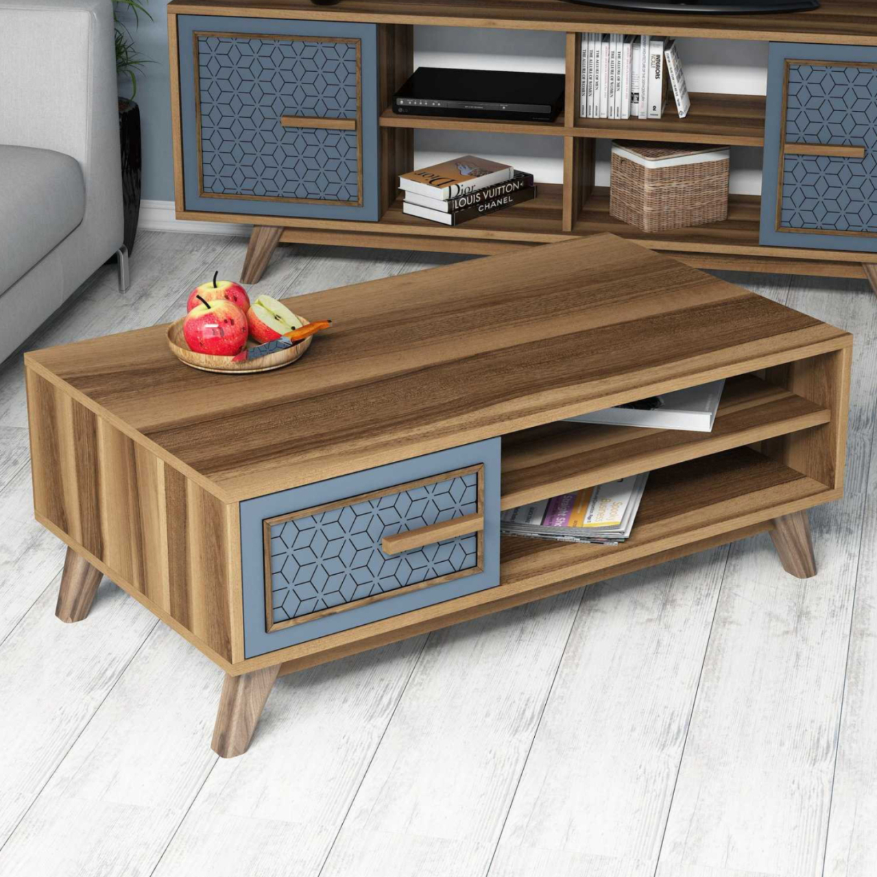 COFFEE TABLE MELAMINE IN WALNUT COLOR WITH BLUE CABINET DOOR HM9497.02 105x60x38,2Hcm. [3]