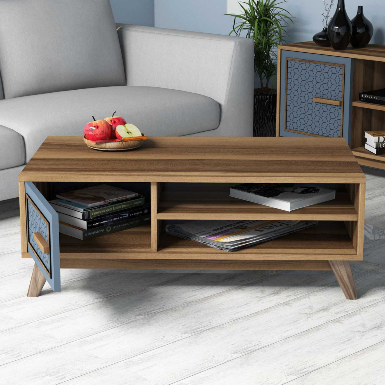 COFFEE TABLE MELAMINE IN WALNUT COLOR WITH BLUE CABINET DOOR HM9497.02 105x60x38,2Hcm. [5]
