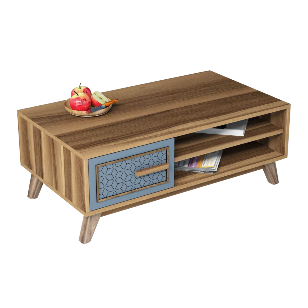 COFFEE TABLE MELAMINE IN WALNUT COLOR WITH BLUE CABINET DOOR HM9497.02 105x60x38,2Hcm. [1]