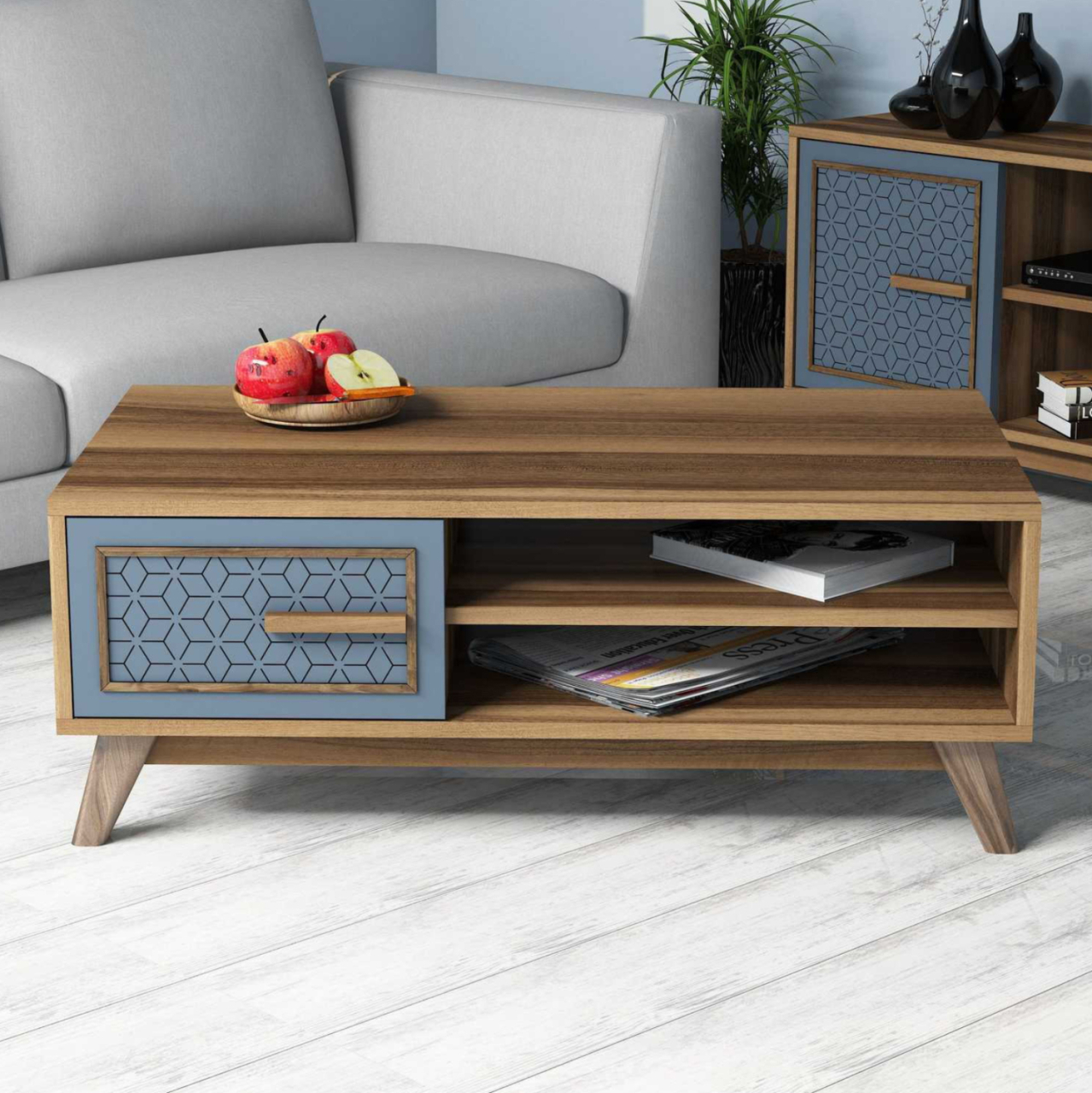 COFFEE TABLE MELAMINE IN WALNUT COLOR WITH BLUE CABINET DOOR HM9497.02 105x60x38,2Hcm. [4]