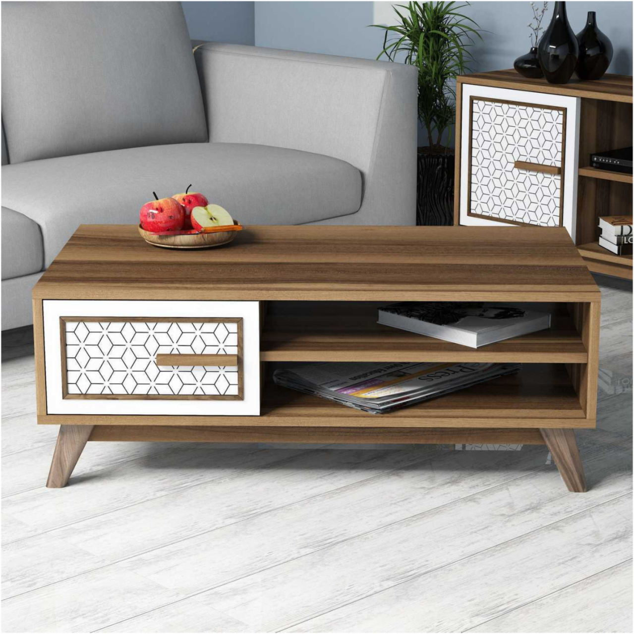 COFFEE TABLE MELAMINE IN WALNUT COLOR WITH WHITE CABINET DOOR HM9497.03 105x60x38,2Hcm. [4]
