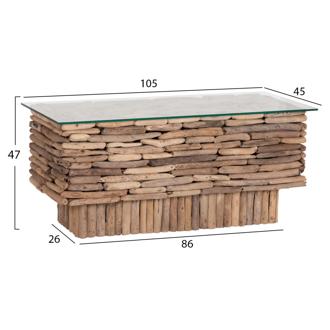 COFFEE TABLE RECTANGULAR SPARROW HM18366 DRIFTWOOD--GLASS 105x45x47Hcm. [2]