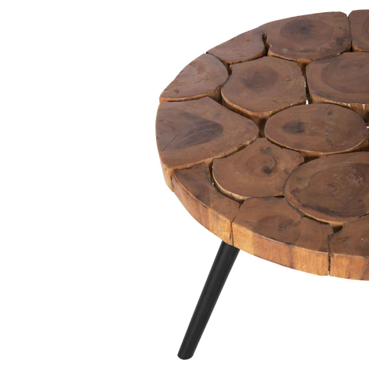 COFFEE TABLE RIBBEN HM9553 SOLID SUAR WOOD IN NATURAL-BLACK METAL LEGS Φ80x45Hcm. [4]