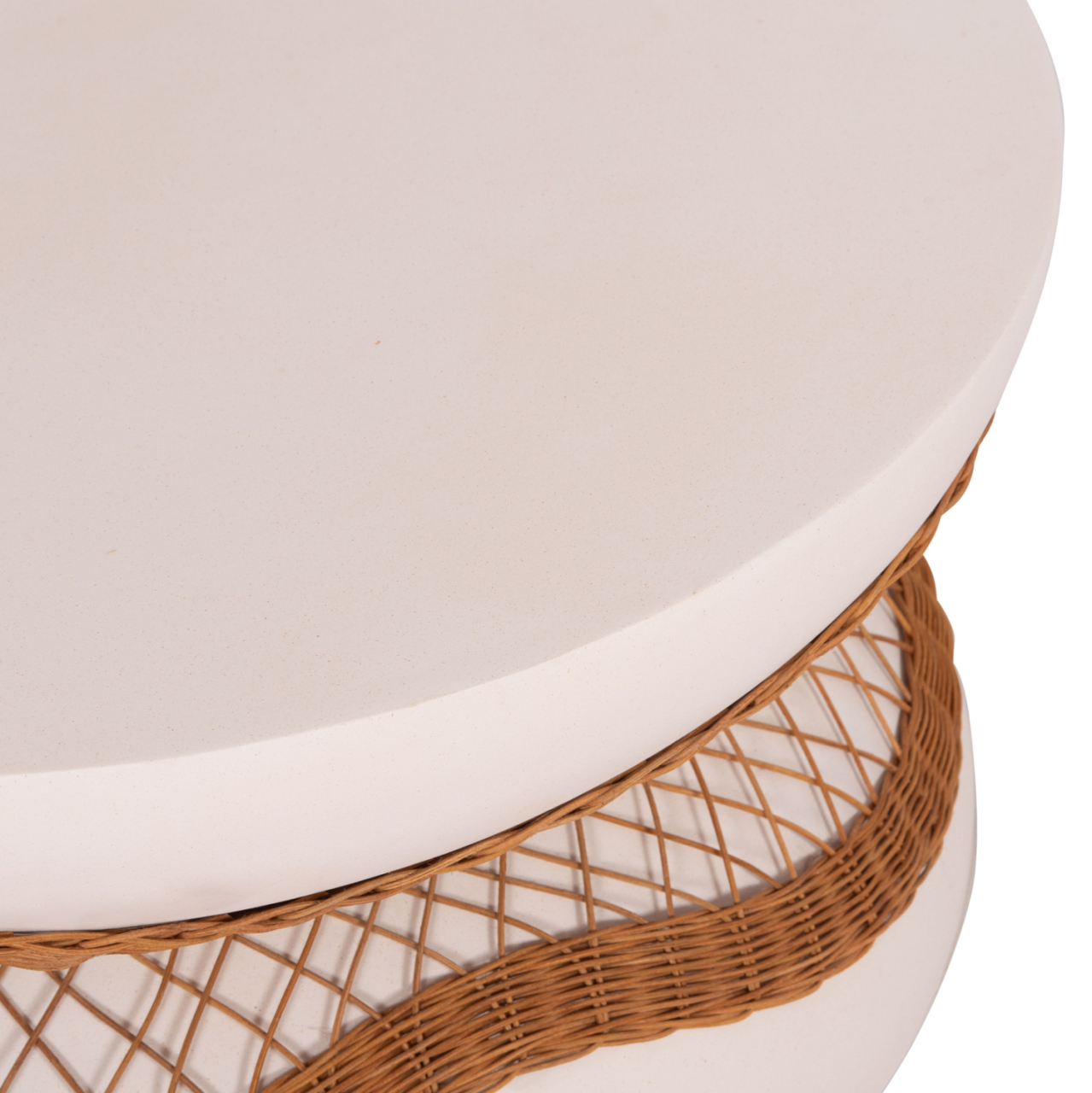 COFFEE TABLE ROUND ANNA HM18157.02 FIBER CEMENT IN WHITE-NATURAL RATTAN--Φ92x44.5Hcm. [6]