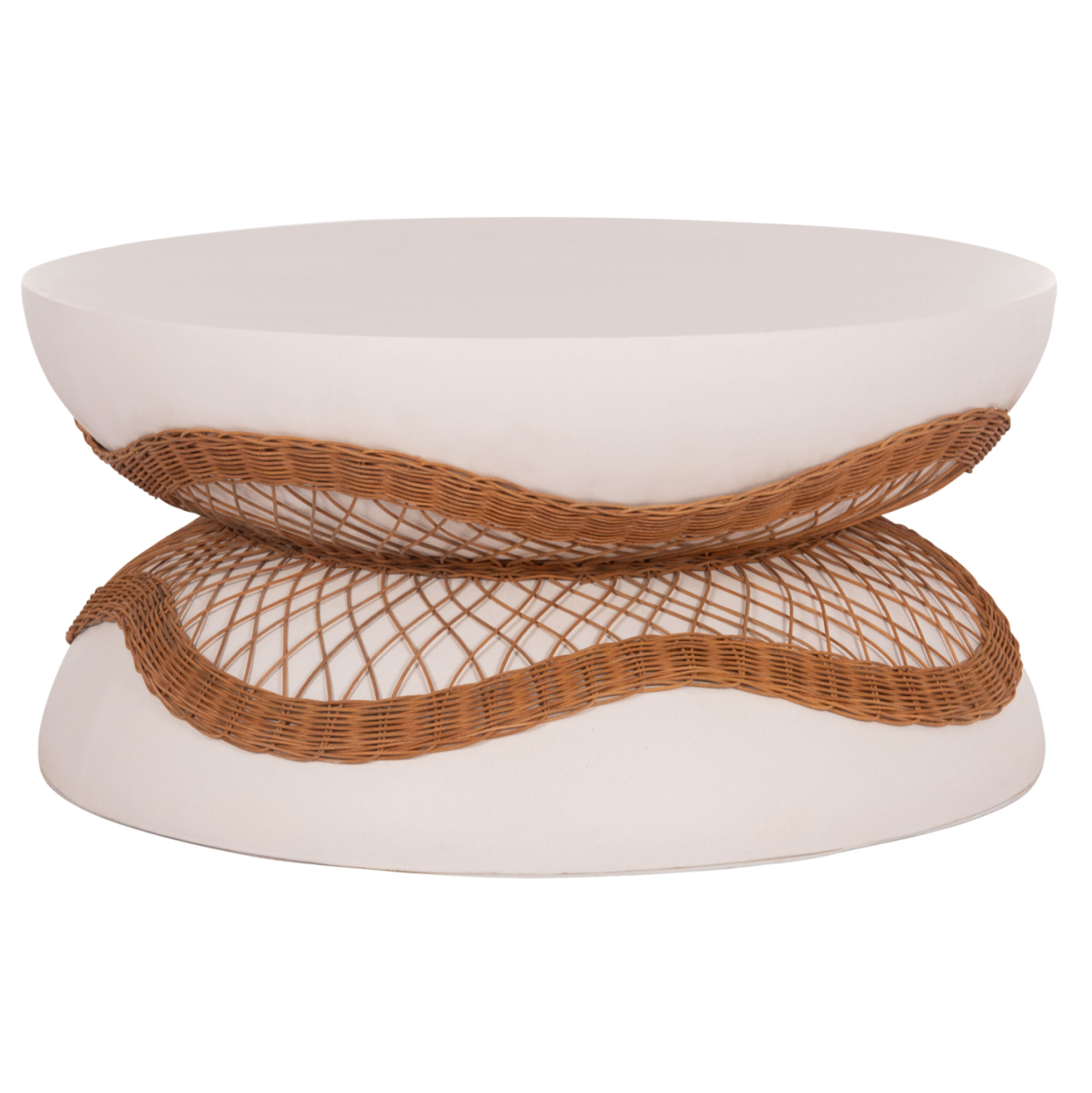 COFFEE TABLE ROUND ANNA HM18157.02 FIBER CEMENT IN WHITE-NATURAL RATTAN--Φ92x44.5Hcm. [4]