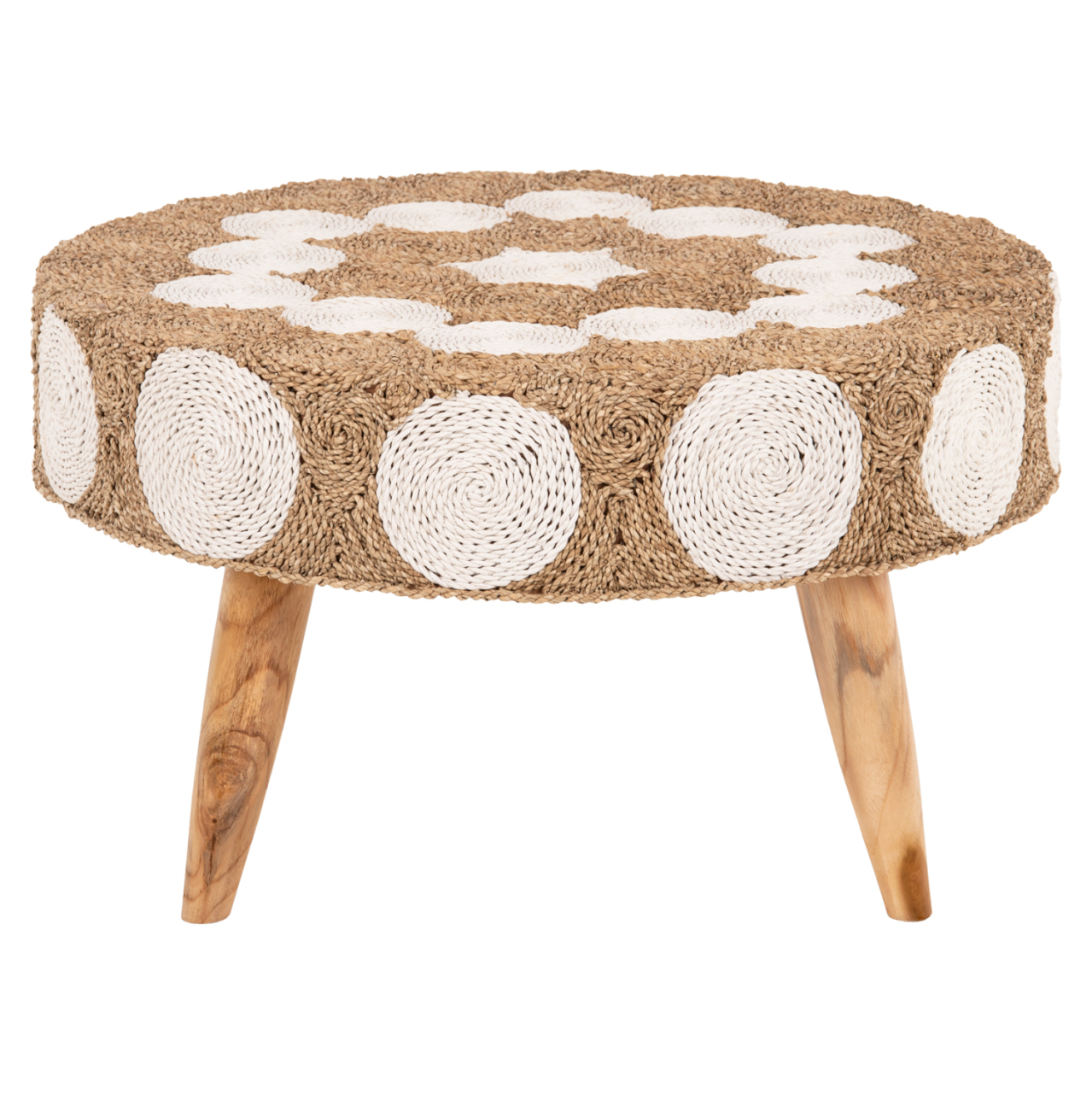 COFFEE TABLE ROUND HM7825 TEAK WOOD AND SEAGRASS TOP IN NATURAL and WHITE Φ81x45Hcm. [3]