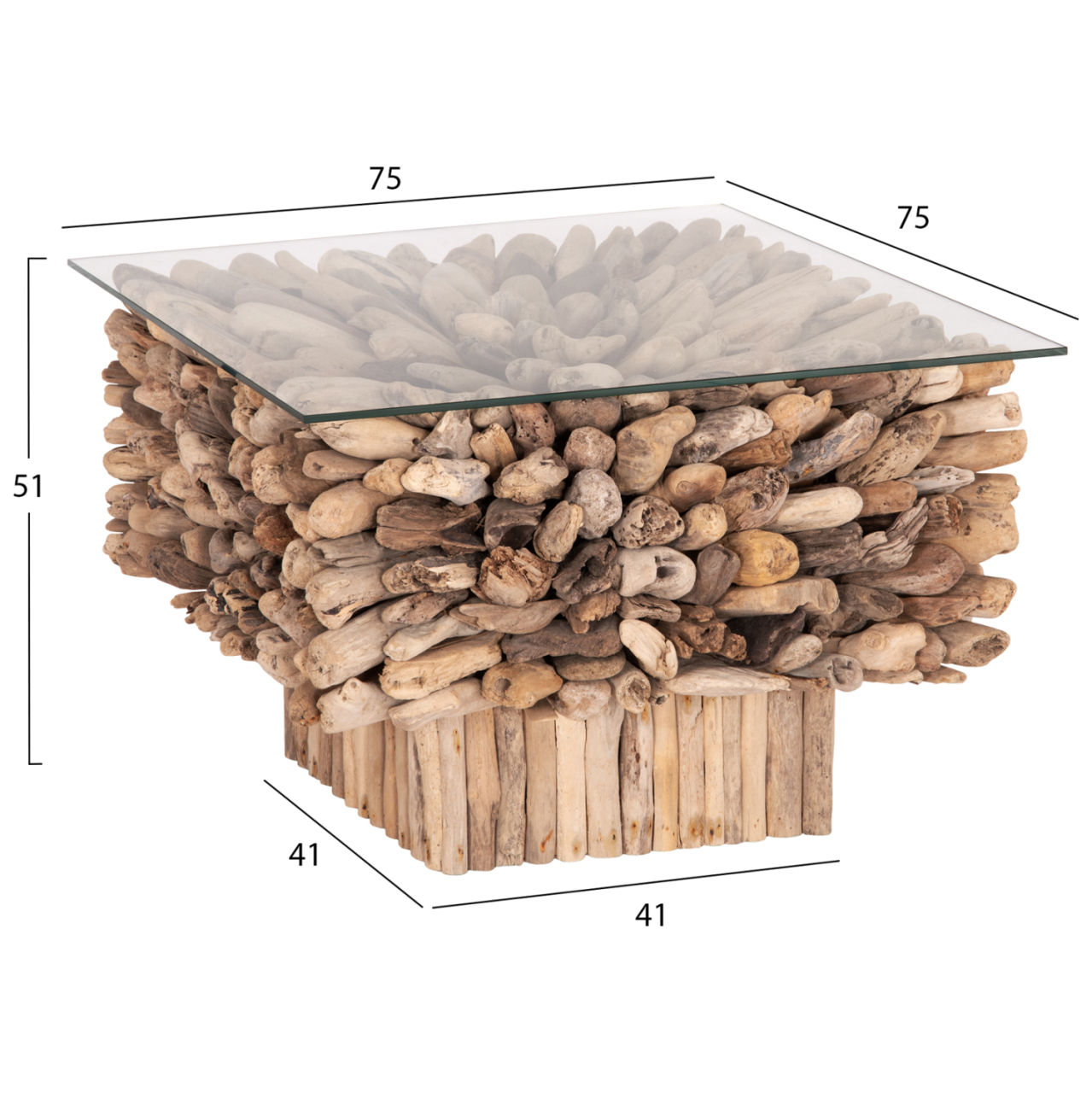 COFFEE TABLE SQUARE SPARROW HM9961 DRIFTWOOD--GLASS 75x75x51Hcm. [2]