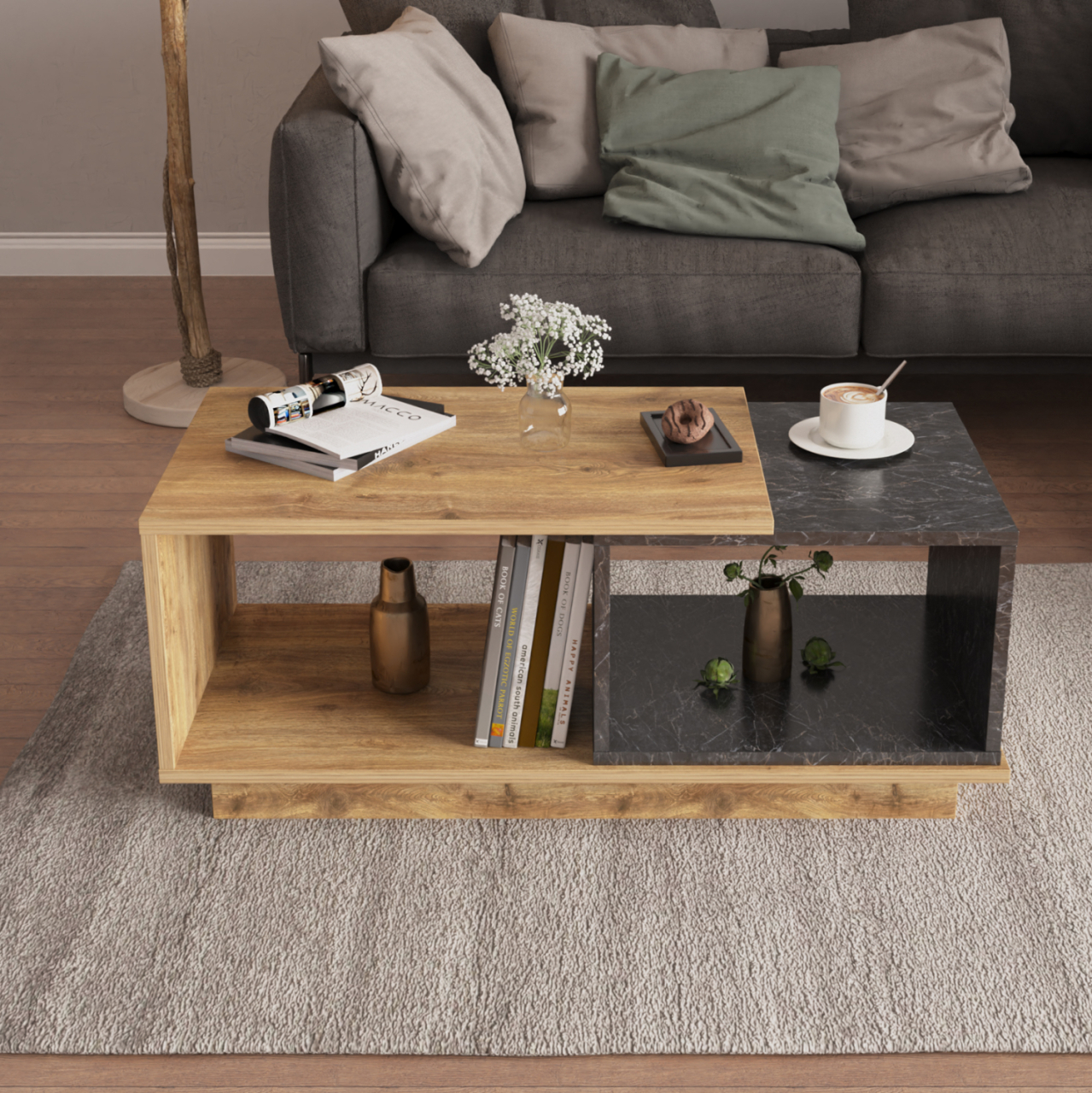 COFFEE TABLE TELES HM18181.02 MELAMINE IN NATURAL WOOD and BLACK MARBLE COLOR 100x45x42Hcm. [3]