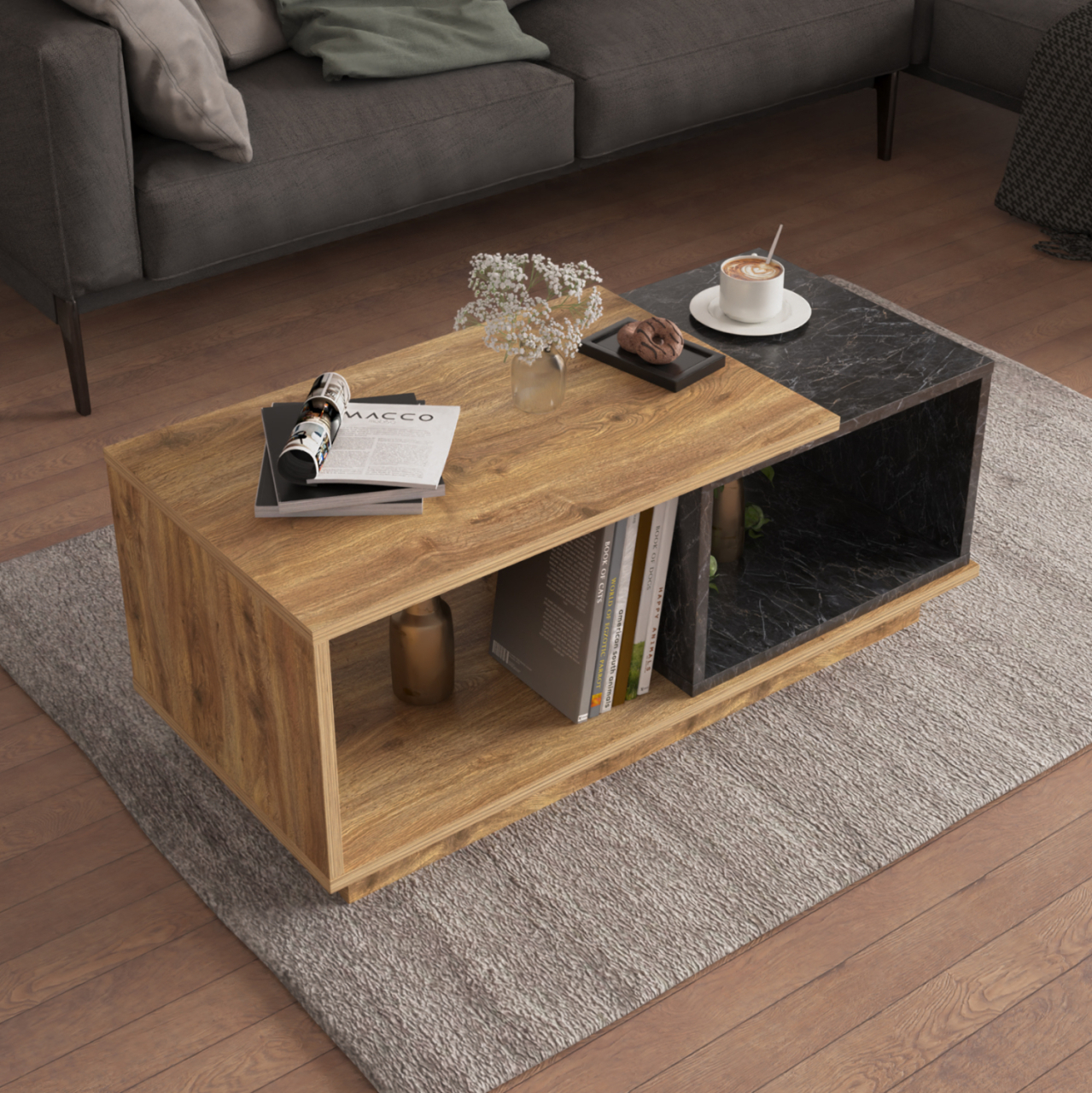 COFFEE TABLE TELES HM18181.02 MELAMINE IN NATURAL WOOD and BLACK MARBLE COLOR 100x45x42Hcm. [2]