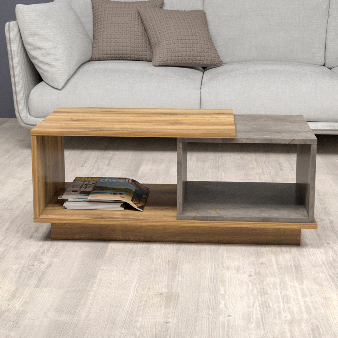 COFFEE TABLE TELES HM18181.06 MELAMINE IN NATURAL WOOD and GREY MARBLE COLOR 100x45x42Hcm. [4]