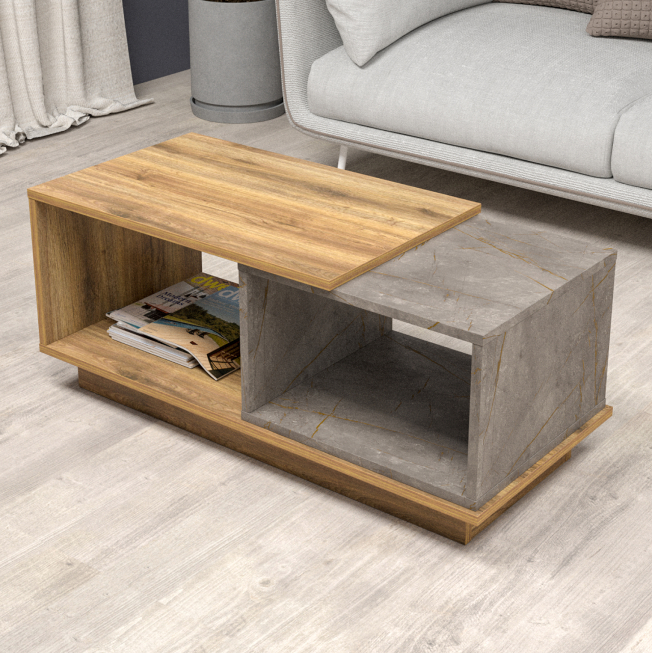 COFFEE TABLE TELES HM18181.06 MELAMINE IN NATURAL WOOD and GREY MARBLE COLOR 100x45x42Hcm. [3]