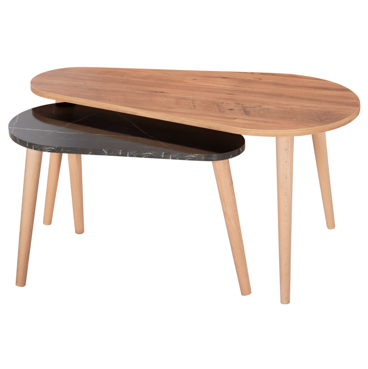 COFFEE TABLES 2PCS APRILIA HM18179.02 MELAMINE IN NATURAL and BLACK MARBLE-WOODEN LEGS IN NATURAL 95x47x47Hcm [4]