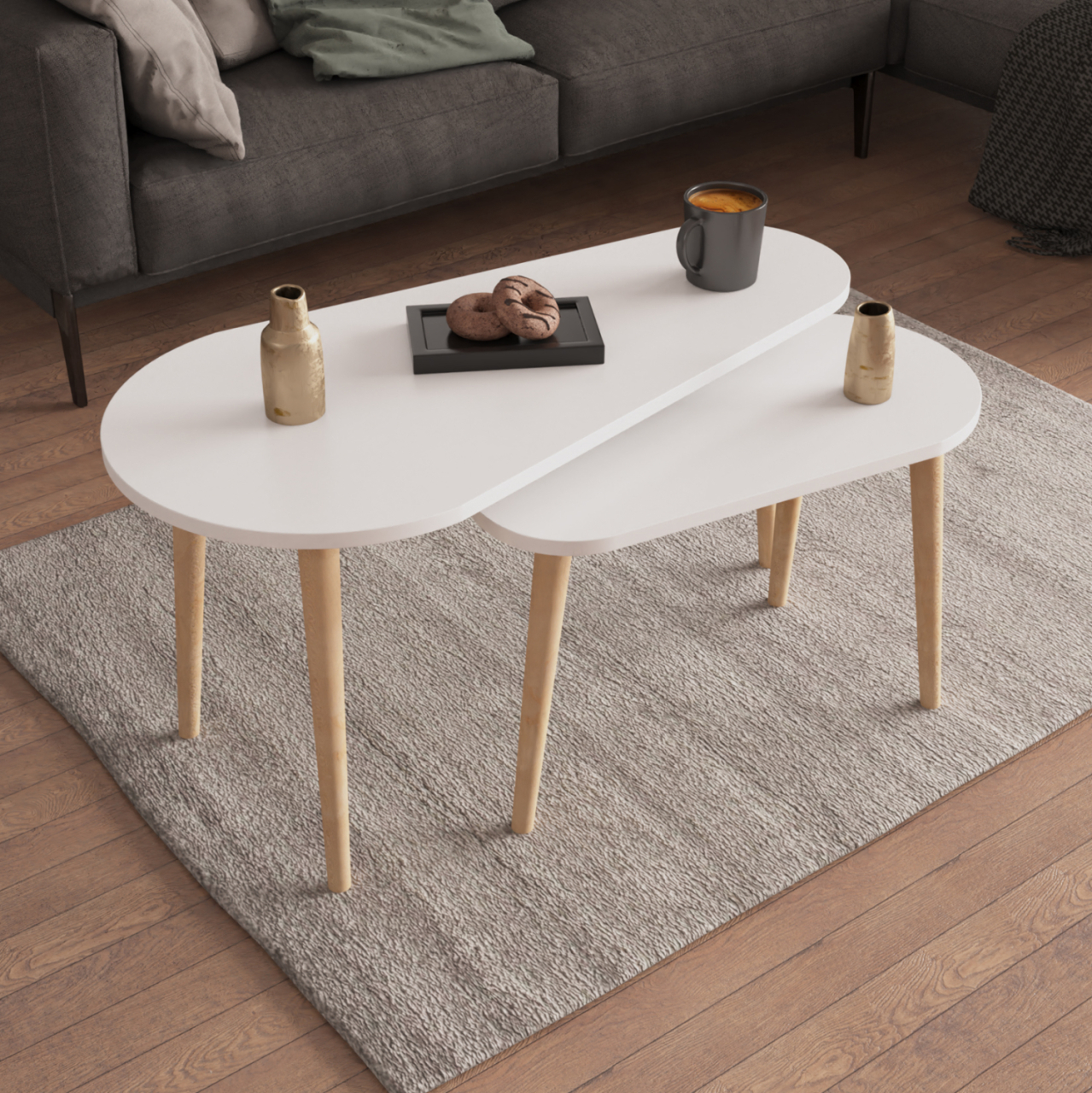 COFFEE TABLES 2PCS APRILIA HM18179.05 MELAMINE IN WHITE-WOODEN LEGS IN NATURAL 95x47x47Hcm [2]