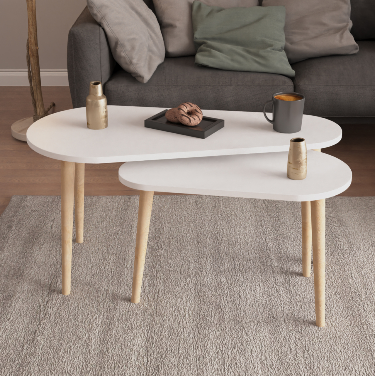 COFFEE TABLES 2PCS APRILIA HM18179.05 MELAMINE IN WHITE-WOODEN LEGS IN NATURAL 95x47x47Hcm [3]