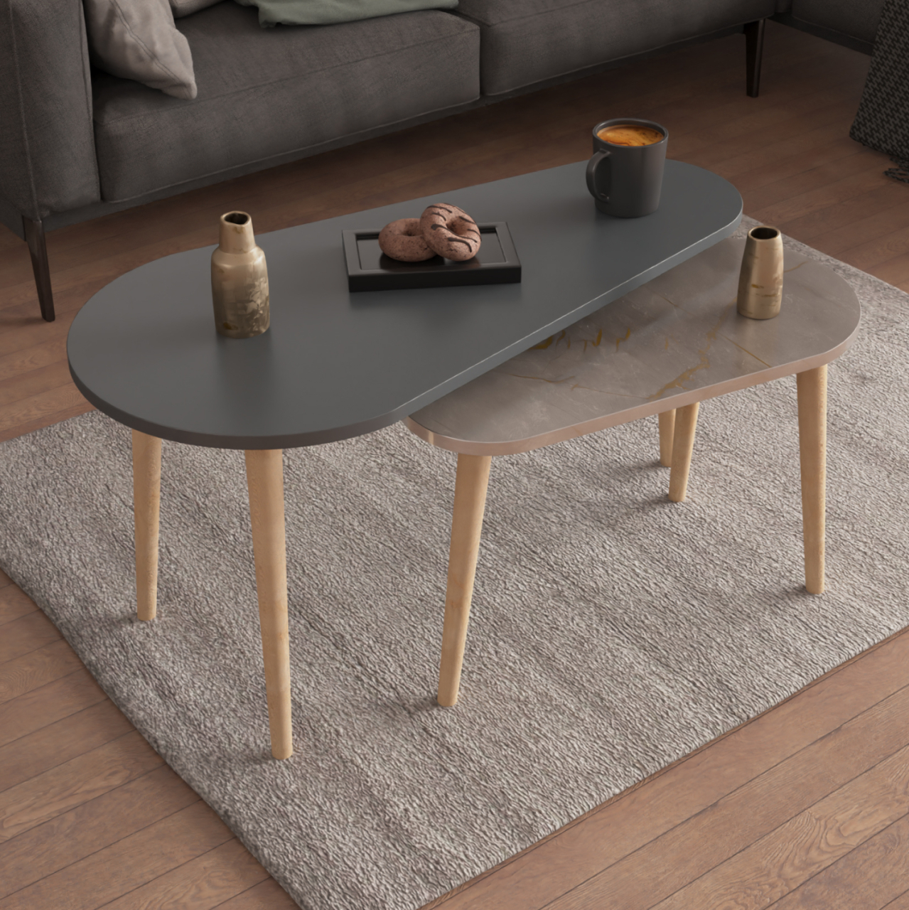 COFFEE TABLES 2PCS APRILIA HM18179.06 MELAMINE IN ANTHRACITE and GREY MARBLE-WOODEN LEGS IN NATURAL 95x47x47Hcm [2]