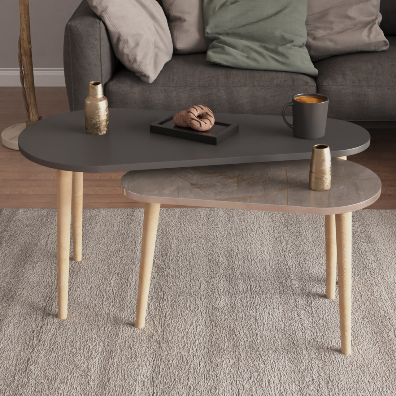 COFFEE TABLES 2PCS APRILIA HM18179.06 MELAMINE IN ANTHRACITE and GREY MARBLE-WOODEN LEGS IN NATURAL 95x47x47Hcm [3]