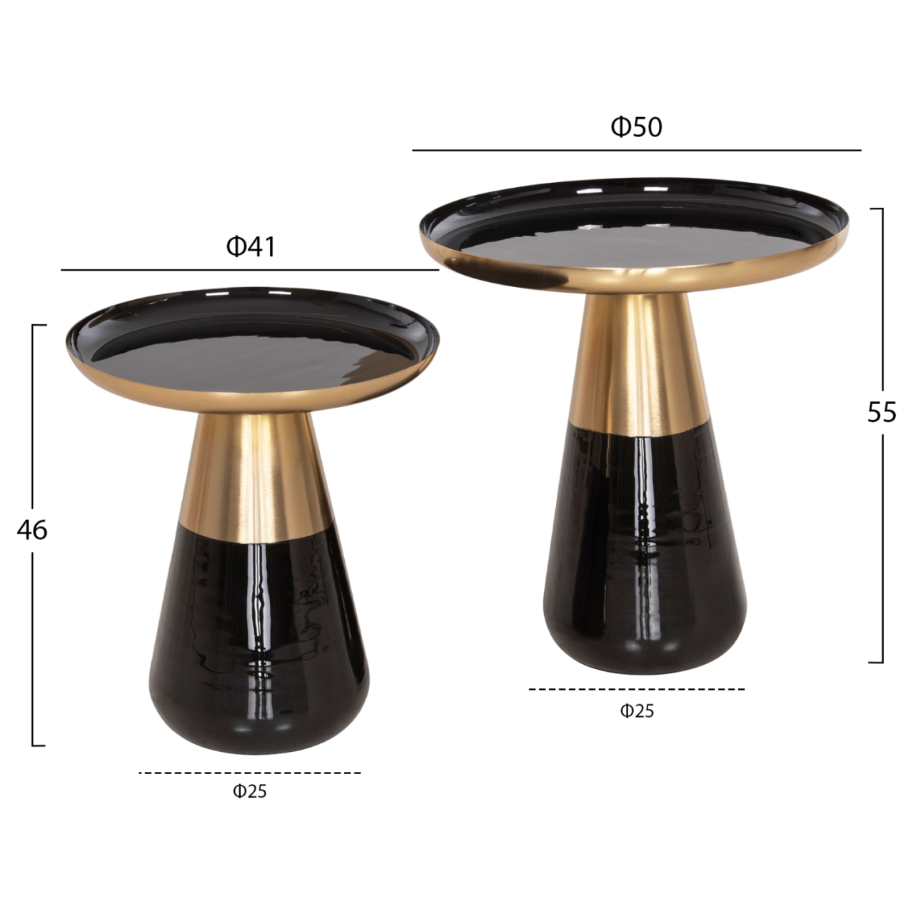 COFFEE TABLES 2PCS OLUF HM9922 ENAMELED METAL-GLOSSY BLACK-MAT GOLD Φ50 and Φ41 cm. [2]