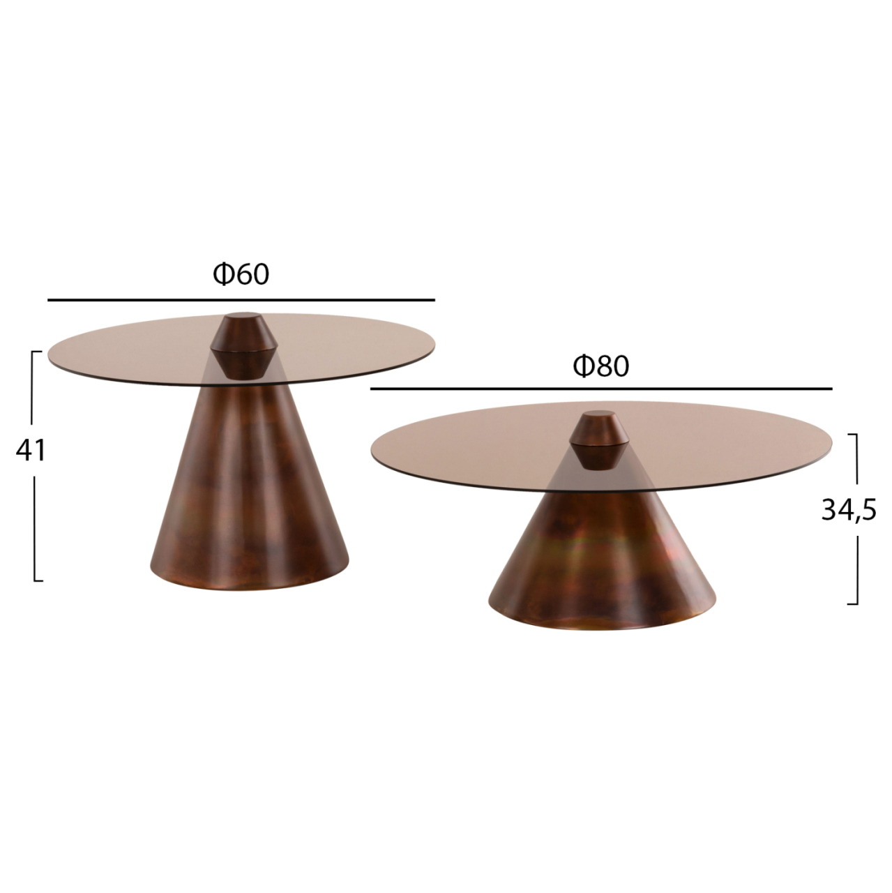 COFFEE TABLES 2PCS REBEN HM9676 METAL IN BURNED COPPER-SMOKE GLASS TOP Φ80 and Φ60 cm. [2]