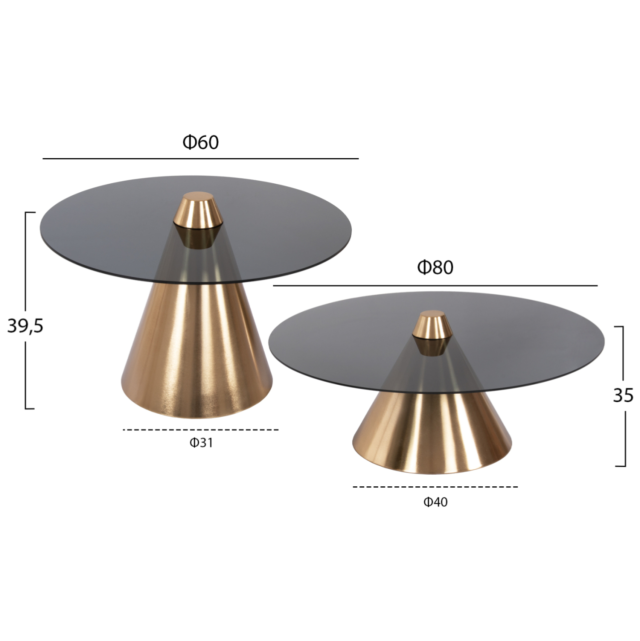 COFFEE TABLES 2PCS REBEN HM9919 METAL IN GOLD-BLACK GLASS TOP Φ80 and Φ60 cm. [2]