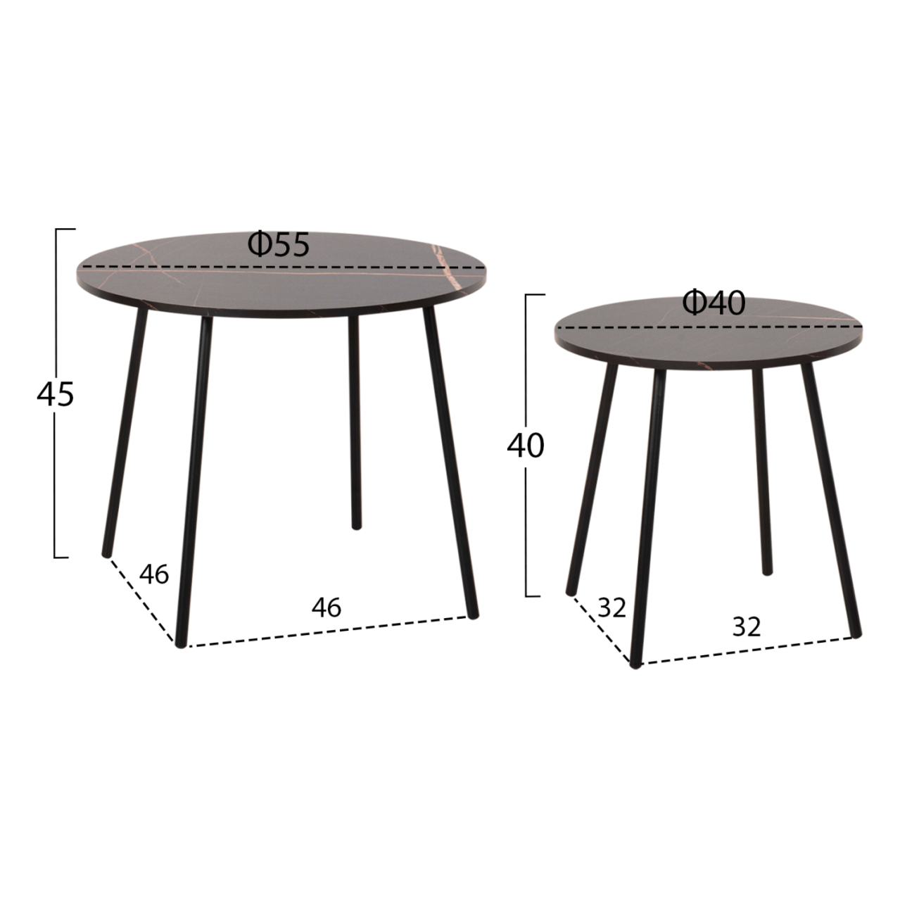 COFFEE TABLES 2PCS ROUND CUPPER HM9878.13 MELAMINE IN BLACK MARBLE-BLACK METAL Φ55x45Hcm. [2]