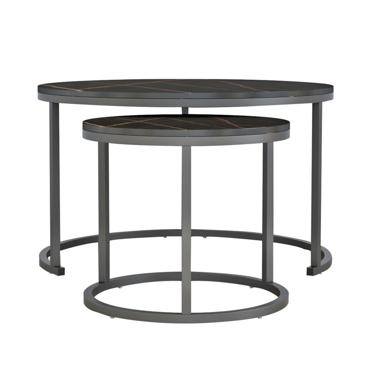 COFFEE TABLES SET 2PCS MDF BLACK MARBLE LOOK BLACK METALLIC LEGS Φ80x48cm.HM8763.13 [4]