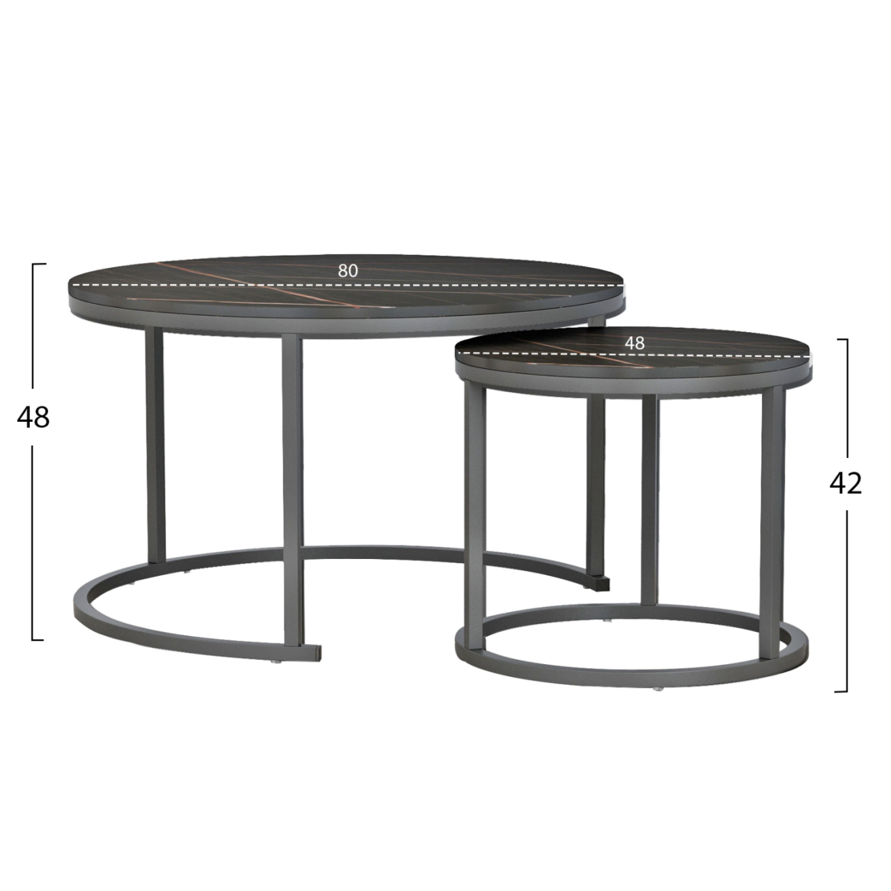 COFFEE TABLES SET 2PCS MDF BLACK MARBLE LOOK BLACK METALLIC LEGS Φ80x48cm.HM8763.13 [2]