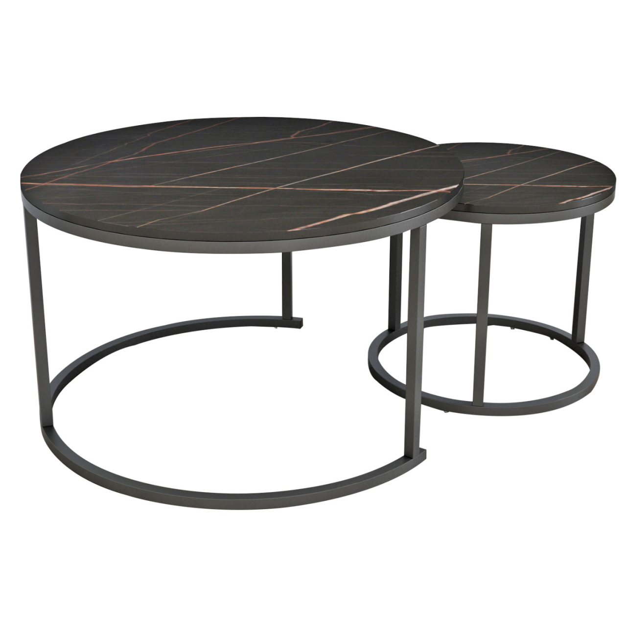 COFFEE TABLES SET 2PCS MDF BLACK MARBLE LOOK BLACK METALLIC LEGS Φ80x48cm.HM8763.13 [3]