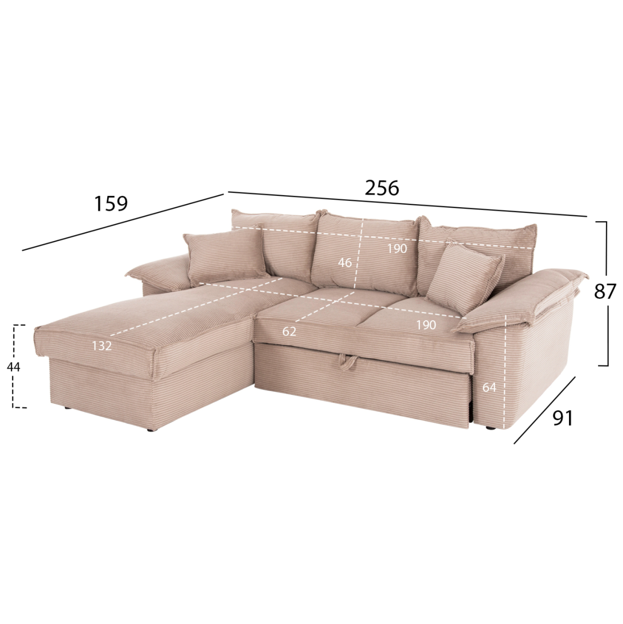 CORNER (LEFT) SOFA-BED WITH STORAGE SPACE ALDO HM3276.01L BEIGE FABRIC 256x91-159x87Hcm. [2]