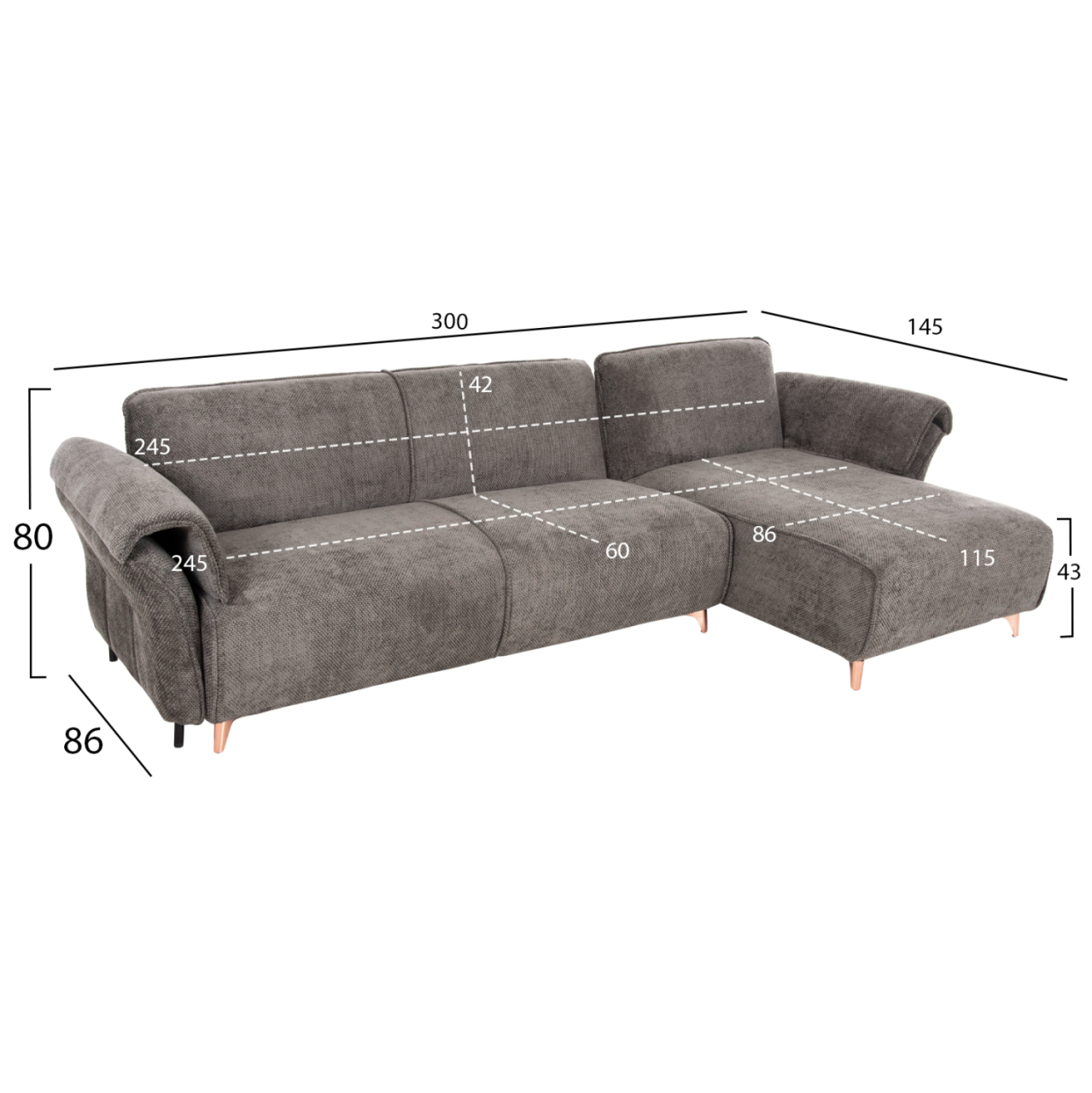 CORNER REVERSIBLE SOFA-BED MAILO HM6071.02 DARK GREY FABRIC-METAL LEGS 300x145x80Hcm. [2]