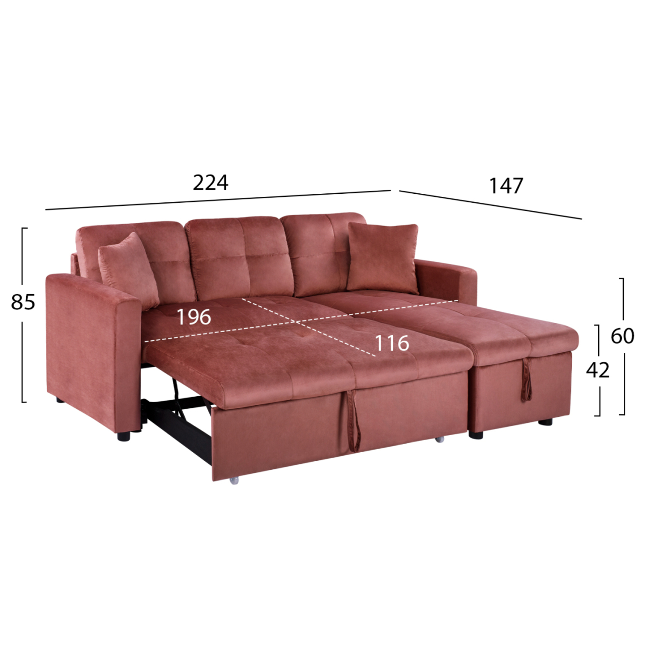 CORNER SOFA BED VELVET DUSTY PINK WAYNE 224x147x85cm. HM3028.12 [3]