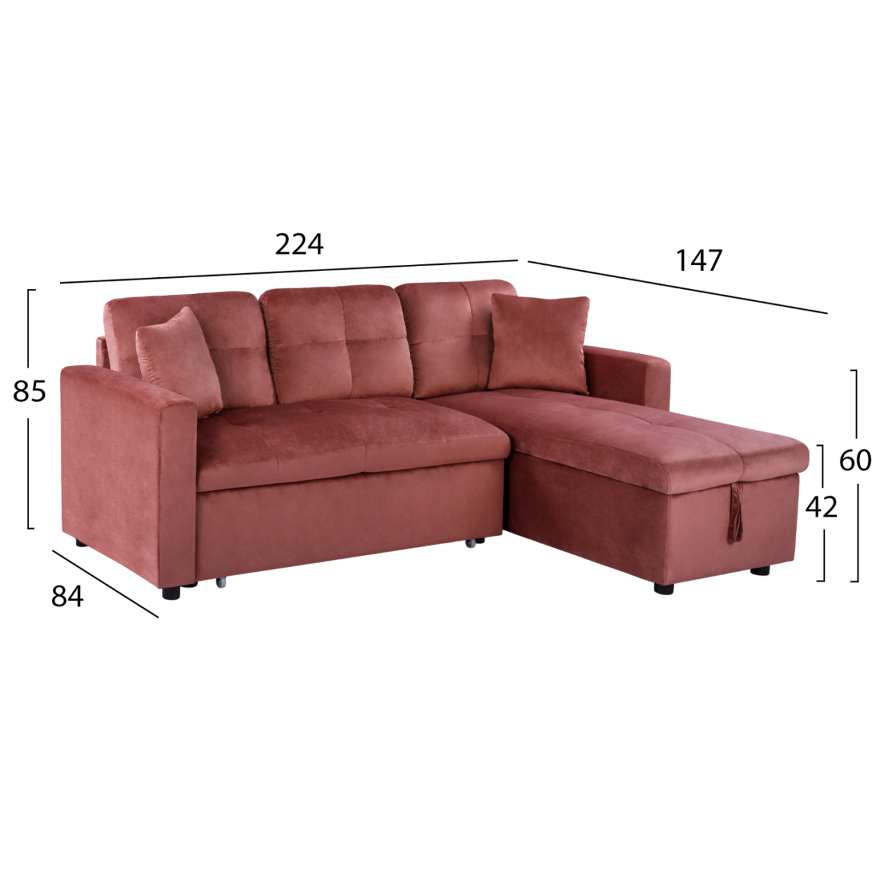 CORNER SOFA BED VELVET DUSTY PINK WAYNE 224x147x85cm. HM3028.12 [2]